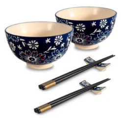 PECHINO LINE Set De 2 Bols Coupelle En Céramique D11.5 300 Ml Avec Baguettes Décor Bleu WD Lifestyle