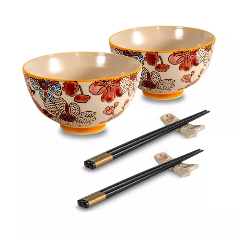 PECHINO LINE Set De 2 Bols Coupelle En Grès D11.5 300 Ml Avec Baguettes Décor Rouge WD Lifestyle – Image 3