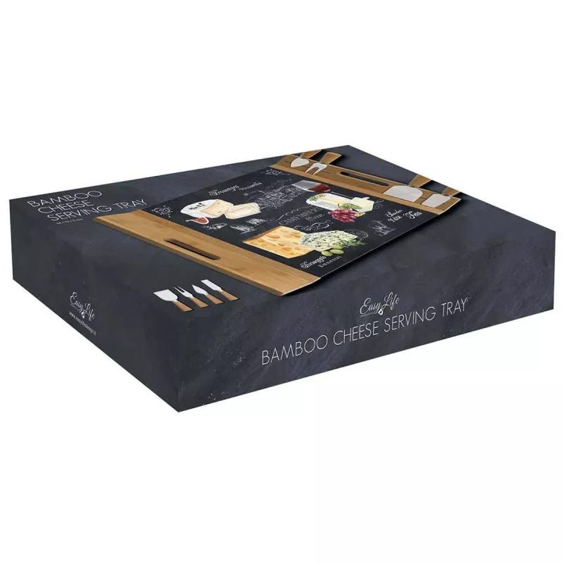 EASY LIFE WORLD OF CHEESE Coffret Plateau Fromage 44 X 28 Cm En Verre Et Bambou + 4 Couverts De Service – Image 3