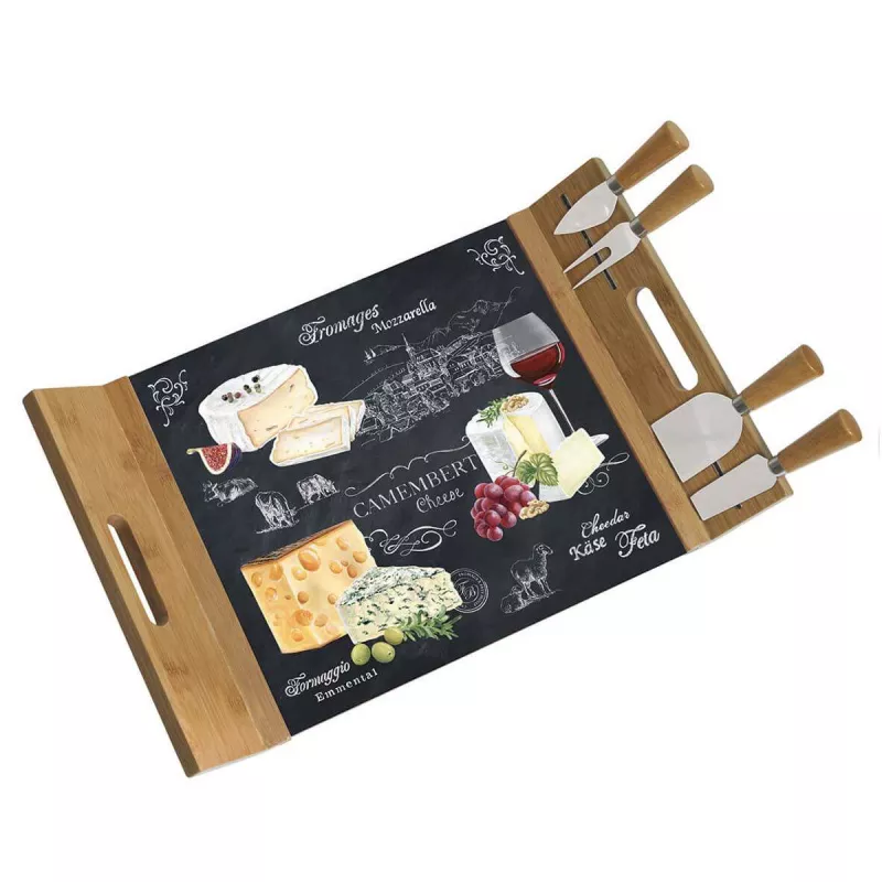 EASY LIFE WORLD OF CHEESE Coffret Plateau Fromage 44 X 28 Cm En Verre Et Bambou + 4 Couverts De Service – Image 9
